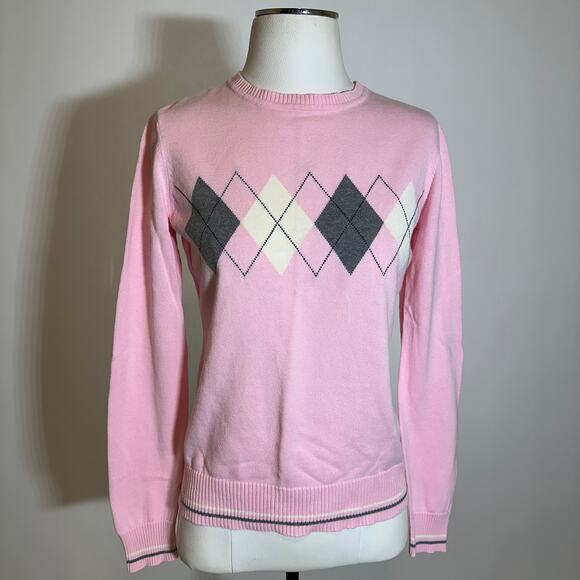 IZOD Pink/White/Gray Argyle Sweater Womens Size Small S Y2K 2000s 100% Cotton - Picture 1 of 11